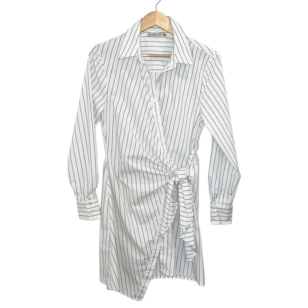 NEW Abercrombie & Fitch Long-Sleeve Wrap Collared Shirt Dress White Stripe - Picture 3 of 4